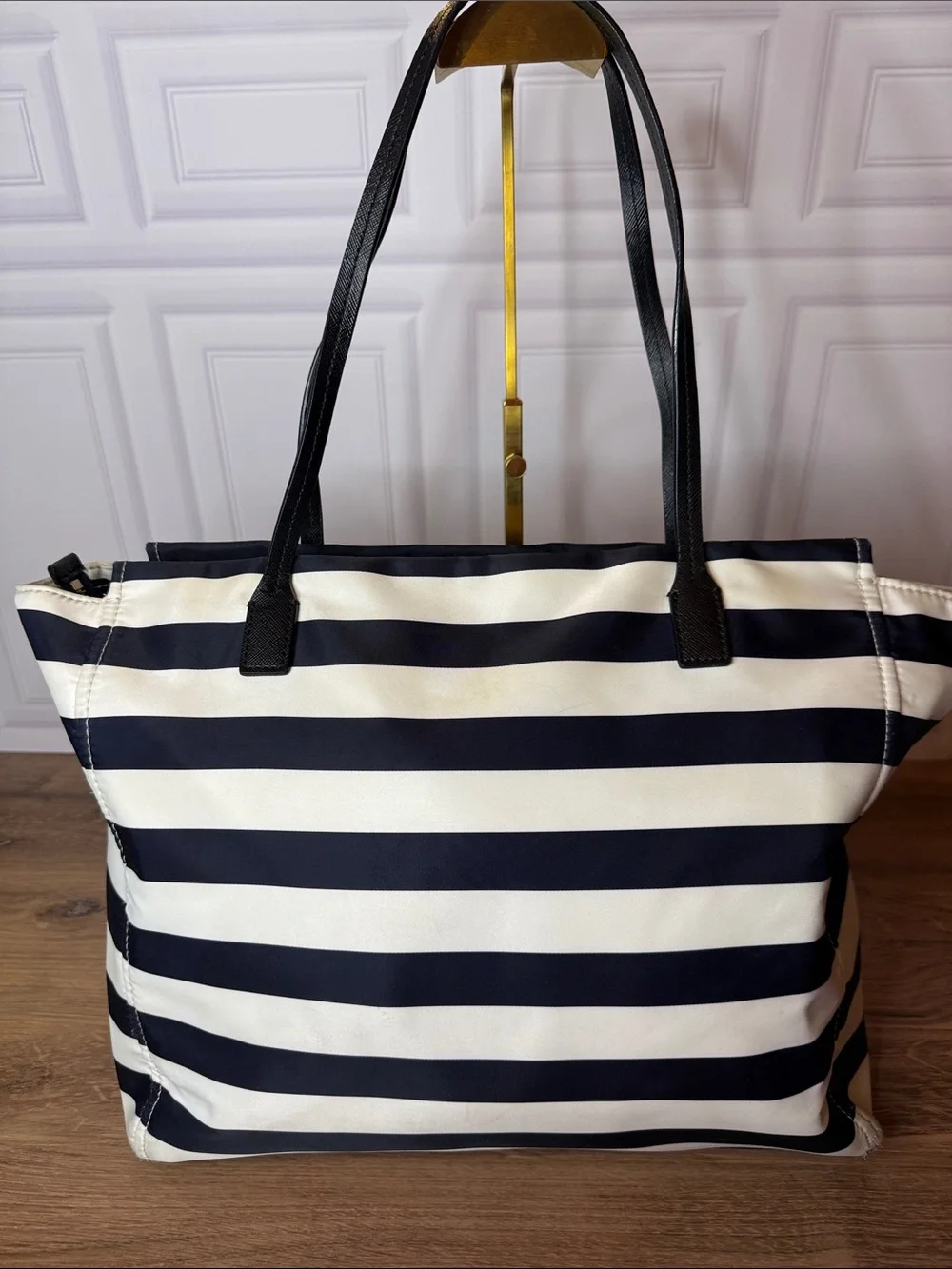Kate Spade New York Navy & White Striped Nylon Zip Tote Large Shoulder Bag